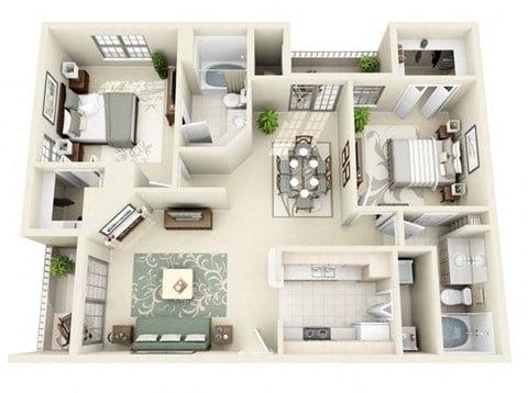 Floor plan for 2 beds, 2 baths, 1085 sqft